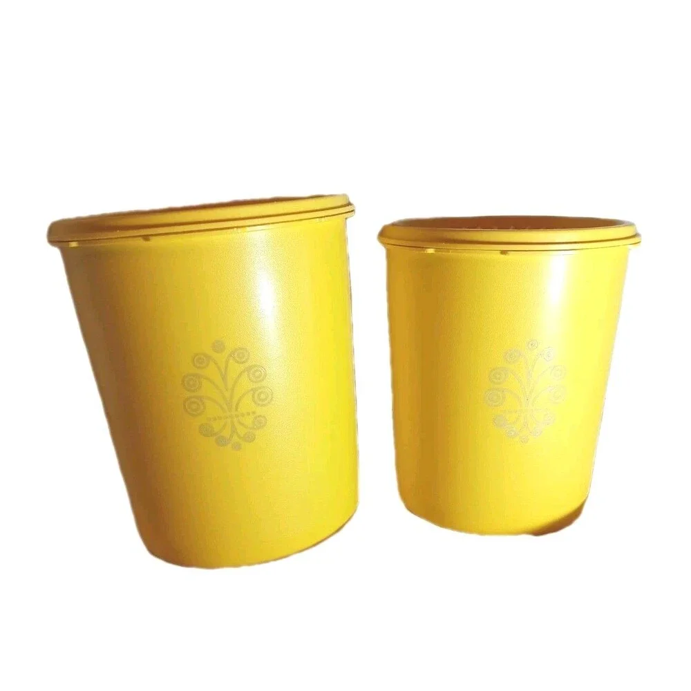 EXC VTG Tupperware Servalier Canister Set #809 & #807 Harvest Gold 70s Floral